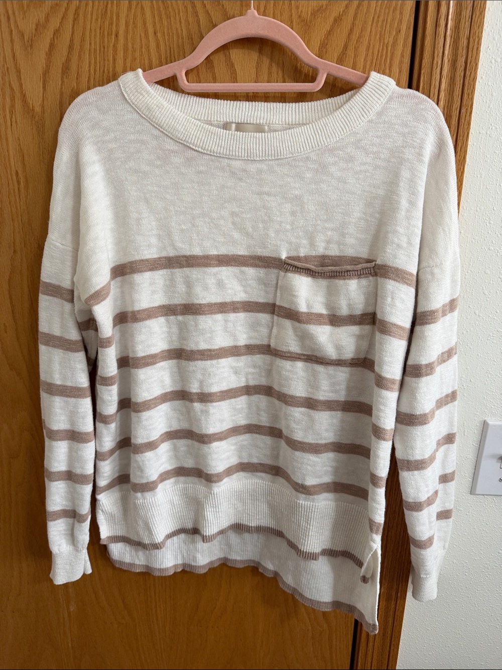 BE COOL Cream and Taupe Striped Scoop-Neck Sweater